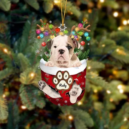 Vista 209 de Adornos personalizados de Pug cervatillo – Decoración personalizada para árbol de Navidad con patas de bolsillo de nieve
