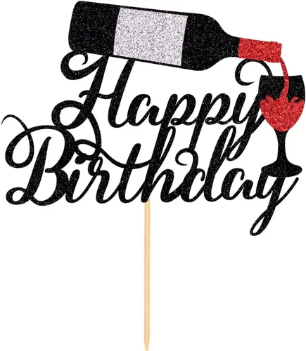 Vista 2 de Decoración para pastel de cumpleaños con texto en inglés «Happy Birthday» de vino tinto para celebrar suministros de fiesta de cumpleaños