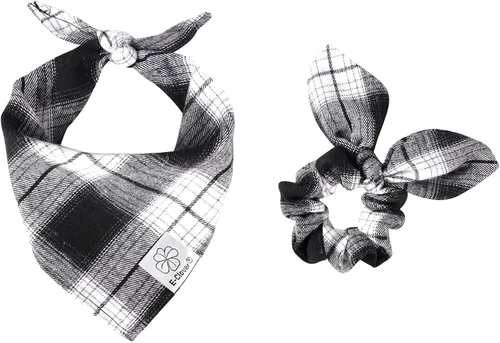 Vista 8 de E-Clover Bandana de Perro a Cuadros Marrón y Scrunchie a Juego - Bandana de Perro de Otoño Triangular a Cuadros Bufanda Babero para Mascotas
