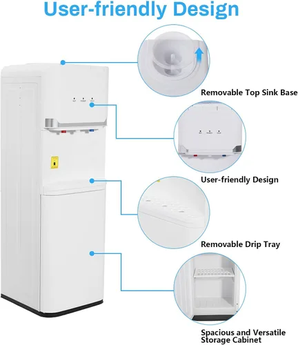 Vista 5 de Top Loading Dispensador de enfriador de agua para botellas de 5 galones, 3 ajustes de temperatura, dispensador de agua caliente y fría con bloqueo