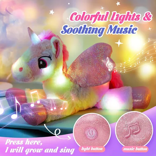 Vista 2 de Glow Guards Peluche musical de unicornio arcoíris de 18 pulgadas, juguete de peluche de unicornio con lentejuelas con purpurina, día del niño