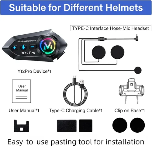 Vista 9 de Auriculares Bluetooth para casco de motocicleta, intercomunicador de 2 vías, 550 yardas, sonido HIFI, cancelación de ruido, compartir música, 1000