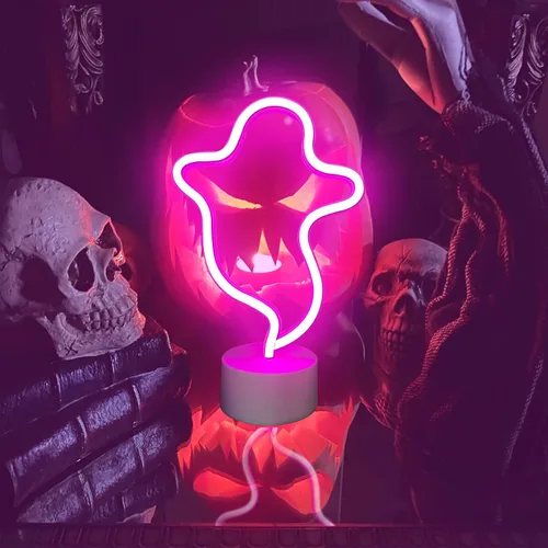Vista 9 de Señal de neón fantasma de Halloween con base, señal de luz LED, lámpara en forma de fantasma alimentada por batería o USB para decoración de fiesta