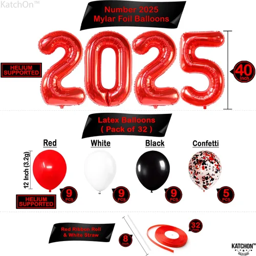 Vista 2 de KatchOn, Juego de 40 decoraciones de graduación rojas y negras 2025, globos rojos 2025, pancarta de felicitaciones para graduación de clase de 2025