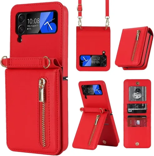 Vista 14 de Funda de lujo con cremallera para Samsung Galaxy Z Flip 3, con función atril, tarjetero ajustable, correa cruzada ajustable, funda con tapa a