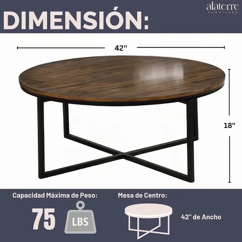 Vista 2 de Arcadia - Mesa de centro redonda de madera de acacia de 42 pulgadas, mesa industrial para sala de estar con acabado moca envejecido y patas