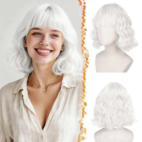 Vista 20 de BARSDAR Peluca corta ondulada con reflejos castaño, peluca corta ondulada con flequillo para mujer, gruesa, suave, sintética, texturizada, rizada