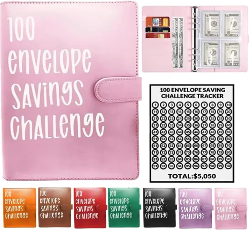 Vista 9 de Topaliving Carpeta de desafío de sobres de 100 días, forma fácil y divertida de ahorrar $5,050, carpeta de presupuesto con sobres de efectivo Azul