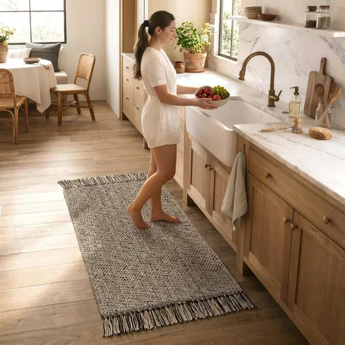 Vista 52 de Collive Alfombra de Baño Negra, 2' x 3' Tejida a Mano Lavable Alfombras Pequeñas de Cocina, Alfombra de Entrada Reversible de Algodón Alfombra