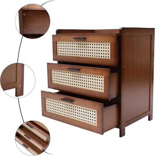 Vista 4 de Mesita de noche con cajón, mesa de noche moderna de mediados de siglo con cajón, mesa auxiliar de bambú para espacios pequeños, dormitorio, sala