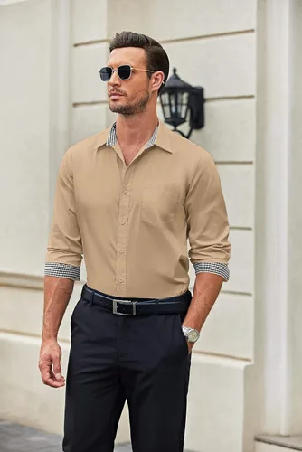 Vista 2 de COOFANDY Camisa de vestir de negocios para hombre, manga larga, ajuste regular, camisa de moda, de algodón, casual, con botones