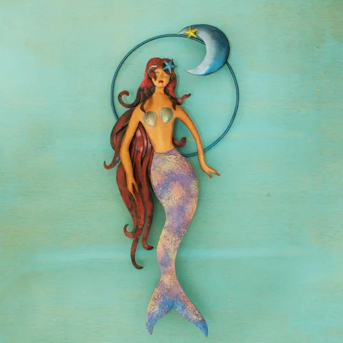 Vista 3 de NOVICA Sirena celestial púrpura pintó la escultura interior al aire libre de la pared del recorte del hierro, luna de la sirena