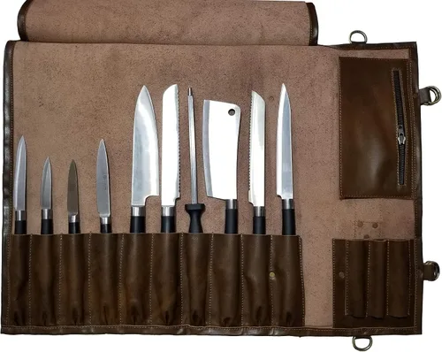 Vista 2 de Auténtico ligero Premium cuero profesional antiguo marrón largo cuchillo de chef bolsa/cuchillo de chef rollo 13 ranuras espacio # K5
