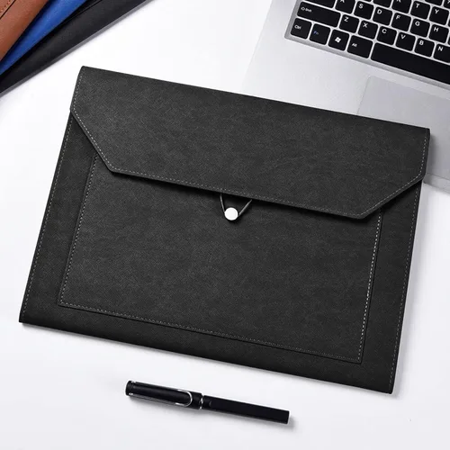 Vista 4 de Carpeta de archivos A4 de piel sintética, soporte para documentos, 2 bolsillos, cartera con sobre, con cuerda elástica, expansión de 3/4 pulgadas