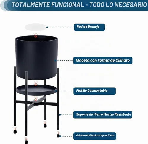 Vista 4 de D'vine Dev - Maceta de plástico con soporte de metal, color negro, 8 pulgadas, 55-D-B-1 Modern Elevated Design, Heavy-Duty Solid Iron Stand
