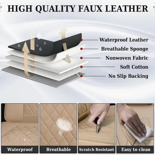 Vista 5 de Coverado Fundas de Asientos Delanteros, Funda de Asiento de Cuero Sintético de Lujo Impermeable, Protector de Asiento de Coche Beige, Funda