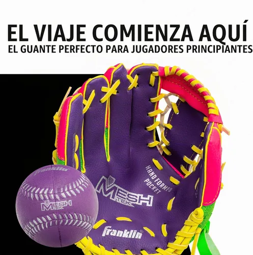 Vista 2 de Franklin Sports Guantes Meshtek + pelota para niños Púrpura/Rosa/Amarillo