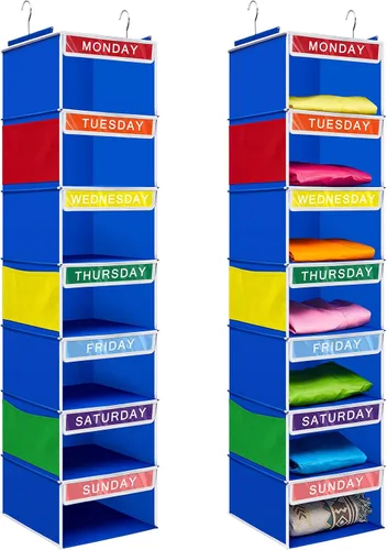 Vista 11 de Amylove Organizador semanal de ropa para niños, 2 piezas, con 7 estantes, organizador colgante de armario de 11.8 x 11.8 x 50 pulgadas, actividades