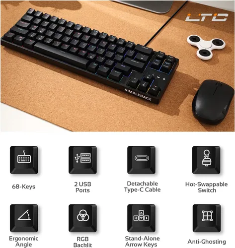 Vista 2 de LTC NB681 Nimbleback - Teclado mecánico con cable al 65%, retroiluminado RGB ultracompacto de 68 teclas para juegos con interruptor intercambiable