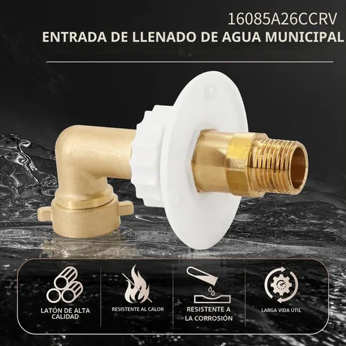 Vista 2 de kipa Brida de entrada de agua para autocaravana, latón con codo de manguera, válvula de retención y conector FPT de 1/2" rosca hembra, brida de 3