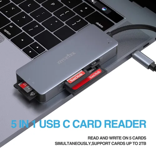 Vista 5 de Lector de Tarjetas SD USB C, Lector de Memoria Thunderbolt 3 de 5 en 1 de Aluminio para CF, SD/SDHC, TF/Micro SD/MS/M2, Tarjeta CompactFlash