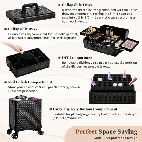 Vista 7 de AROUS Estuche de maquillaje rodante 5 en 1, estuche de cosmetología con ruedas, gran organizador cosmético, carro de viaje para estilista, artista