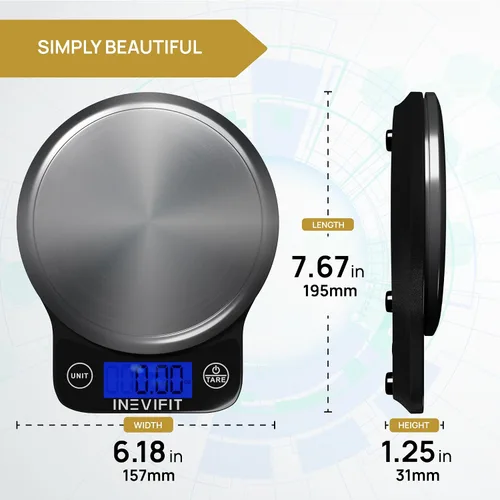 Vista 5 de INEVIFIT Báscula digital de cocina, báscula de alimentos multifunción de alta precisión, 13 libras, 13.2 lbs máximo, color negro moderno y limpio