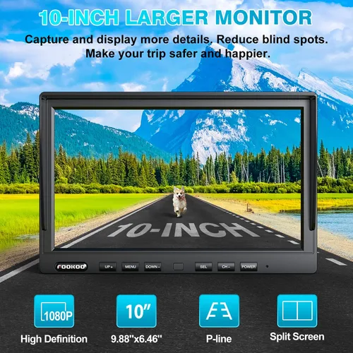 Vista 2 de Fookoo Sistema de cámara de respaldo inalámbrico de 1080P de 10 pulgadas, monitor dividido dual/cuádruple de 10 pulgadas con grabación, cámaras