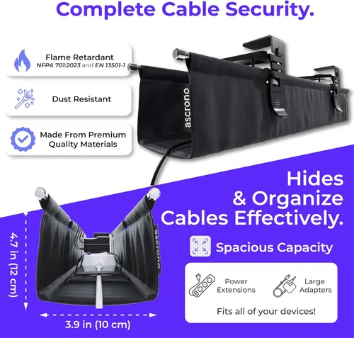 Vista 6 de Ascrono Bandeja de organización de cables original sin taladros debajo del escritorio de 14.1 pulgadas, organizador de cables de tela negra de alta