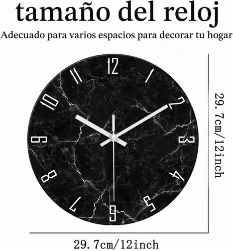 Vista 5 de Relojes de pared minimalistas negros para sala de estar, relojes de pared con patrón de mármol de vidrio, funciona con pilas, reloj de pared