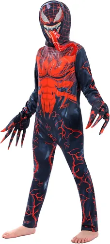Vista 2 de PUNKSUIT Disfraz de superhéroe para niños, overol de cosplay de Halloween, enterizo de elastano 3D con máscara de lengua, guantes