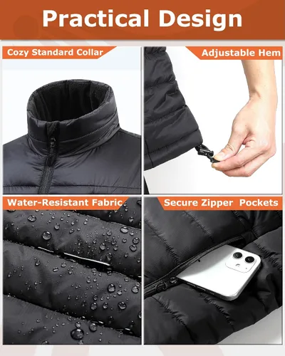 Vista 4 de Venustas Chaleco térmico para hombre con batería 750010000mAh, fibra de carbono ultrafina, adecuado para invierno al aire libre, caza, esquí