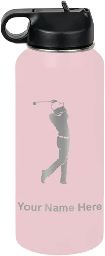 Vista 39 de LaserGram Botella de agua personalizada, golfista de golf, acero inoxidable de doble pared aislada al vacío con popote superior, regalo grabado Negro