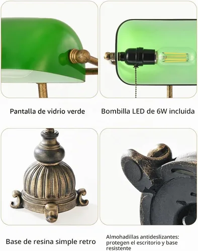 Vista 6 de Lámpara de escritorio retro de cristal verde Bankers, bombilla LED