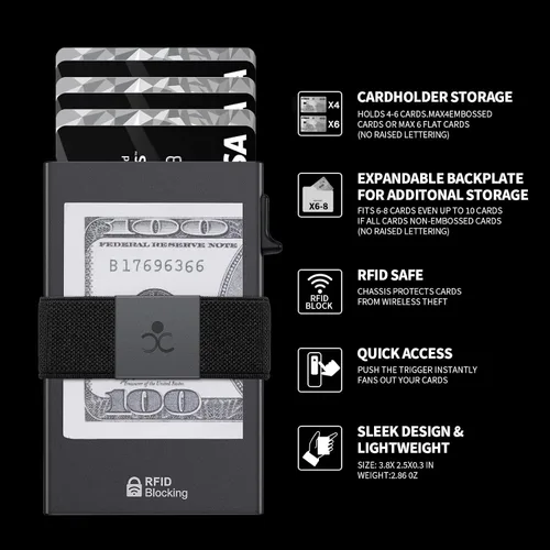 Vista 49 de Cartera delgada de aluminio para hombre, placa trasera expandible duradera, bloqueo RFID, billetera desplegable de metal minimalista, con capacidad