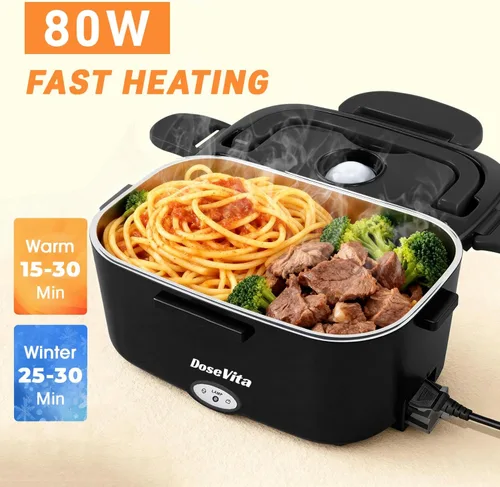 Vista 2 de Lonchera Eléctrica para Adultos, Lonchera Calentada de 80W 1.5L de Acero Inoxidable 304, Calentador de Alimentos Portátil de 12/24/110V, Lonchera