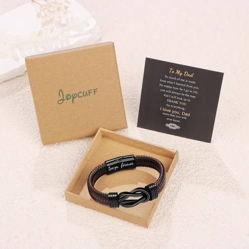 Vista 7 de Pulsera con símbolo de infinito para hombres, regalo para papá, marido, novio, hijo, nieto, marrón, cuero trenzado, acero inoxidable grabado