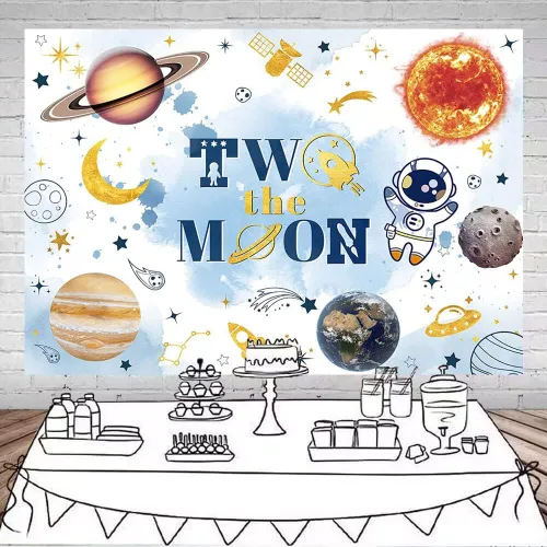 Vista 2 de Mocsicka Telón de fondo con texto en inglés «Two The Moon» para fiesta de segundo cumpleaños, espacio exterior, decoración de fondo del espacio Azul