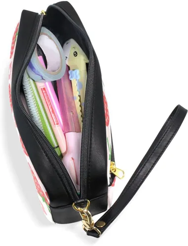Vista 5 de Estuche portátil de gran capacidad con diseño floral de frutas de fresa, bolsa de maquillaje de piel sintética, organizador de maquillaje con asa