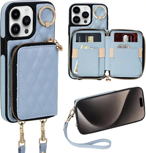 Vista 50 de Funda para iPhone 12 Pro/iPhone 12 de 6.1 pulgadas, cartera cruzada con cremallera para mujer, tarjetero con bloqueo RFID, funda de cuero con Negro