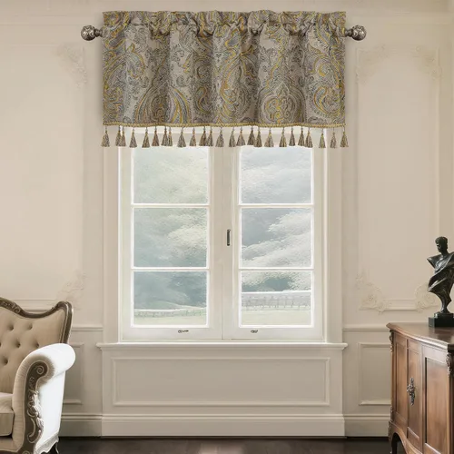 Vista 14 de Loom and Mill Cenefas de jacquard de lujo para ventana de sala de estar, elegante cenefa de cortina de damasco beige con ribete de cuentas, cortina