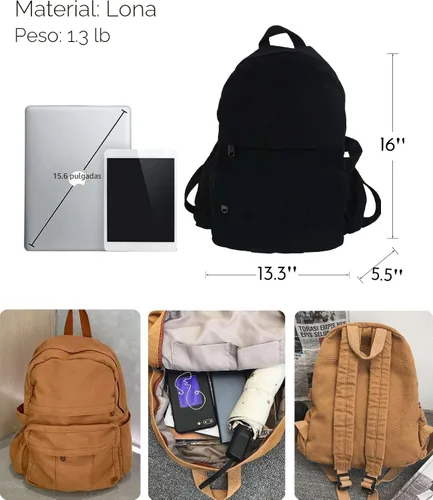 Vista 4 de Mochila de lona para mujer, mochila estética retro, mochila básica para estudiantes de secundaria/universidad, bolsa de viaje para laptop, Negro