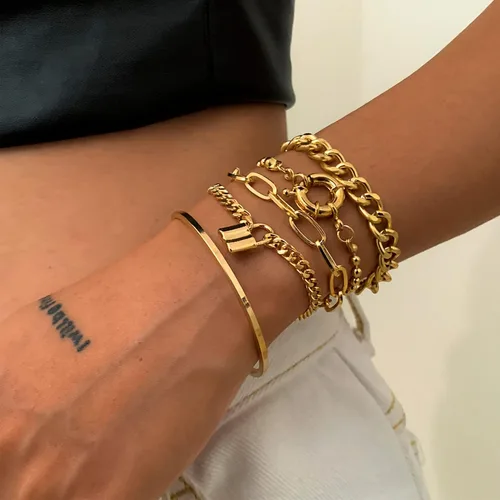 Vista 5 de OOOPEL 4 pulseras de oro chapadas en oro de 18 quilates de acero inoxidable para mujer, pulseras de cadena de serpiente, pulseras de eslabones
