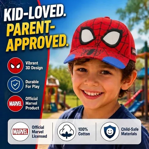 Vista 3 de Marvel Spider-Man Baseball Cap for Boys, 3D Adjustable Kids Hat, Ages 3-9 rojo/azul