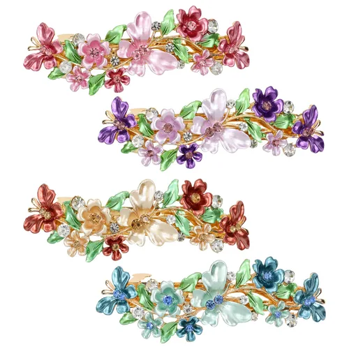 Vista 14 de inSowni Paquete de 4 Pasadores de Cabello Franceses de Metal de Lujo con Purpurina Brillante, Gemas Enjoyadas, Cristales con Diamantes de Imitación
