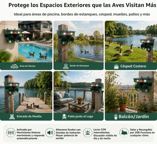 Vista 6 de Dispositivos repelentes de pájaros ultrasónicos solares 2026 para exteriores con altavoces duales, disuasorio de palomas para balcón, patio