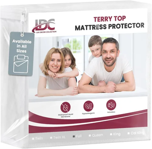 Vista 8 de LUX Décor - Protector de colchón de rizo completo 100 % impermeable, parte superior de tela de toalla suave, sin ruido, funda de colchón absorbente
