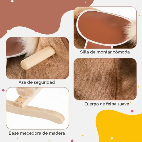Vista 4 de Qaba Caballo Mecedor para Niños, Mecedora de Peluche para Niños Pequeños, Juguete Montable con Base de Madera y Agarre de Mango, Juguete Tradicional
