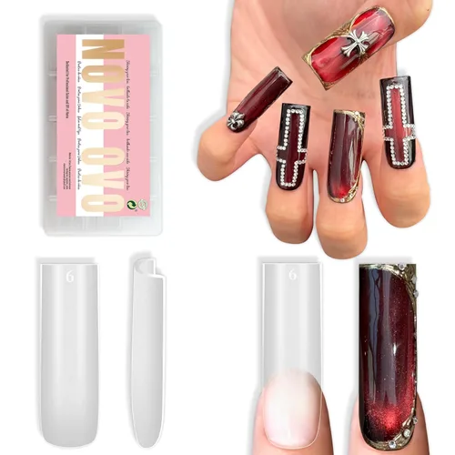Vista 21 de NOVO OVO - Puntas de uñas postizas largas XL, puntiagudas, de tacón aguja, autoadhesivas, extra largas, gruesas, de gel suave, doble mate
