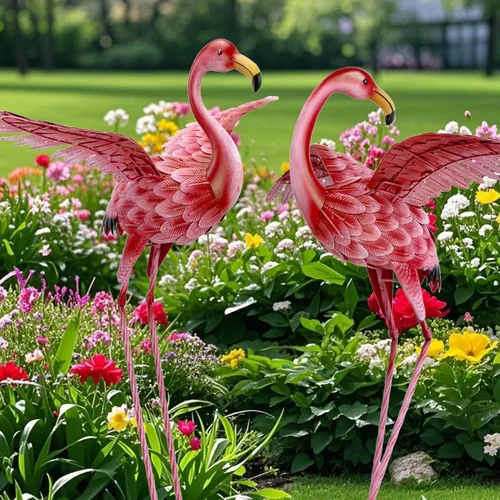 Vista 3 de Natelf Decoraciones de flamenco rosa para patio, estatuas y esculturas de jardín de pájaros altos, adornos de metal para patio al aire libre, juego